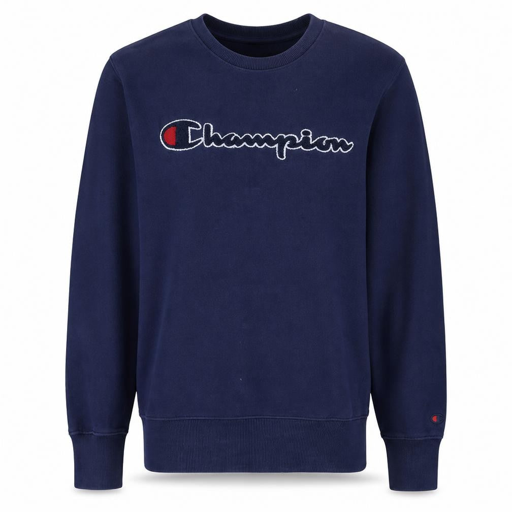 Front view of Champion Men Blue Logo Crew Neck Pullover Sweatshirt, size S