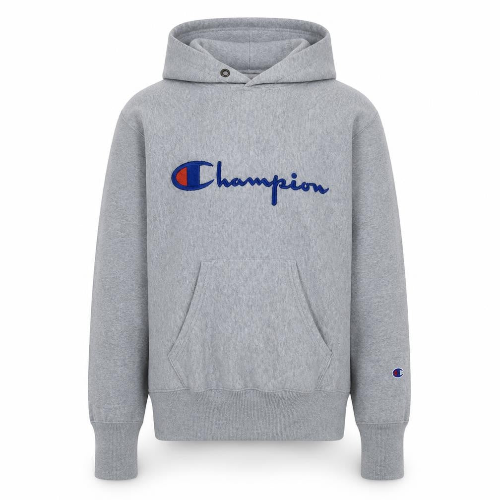 Front view of Champion Men's Grey Small Pullover Hoodie Reverse Weave Logo