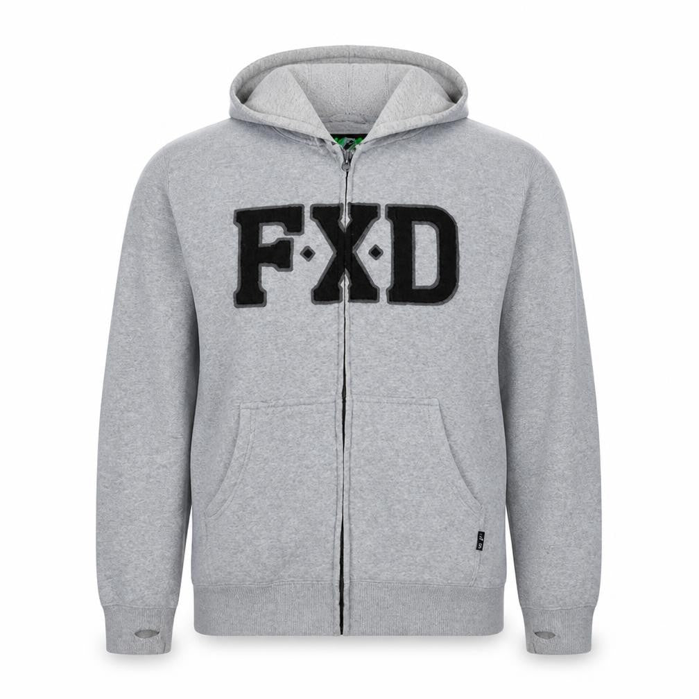 Front view of FXD men’s grey full zip hoodie, size L, regular fit logo sweatshirt