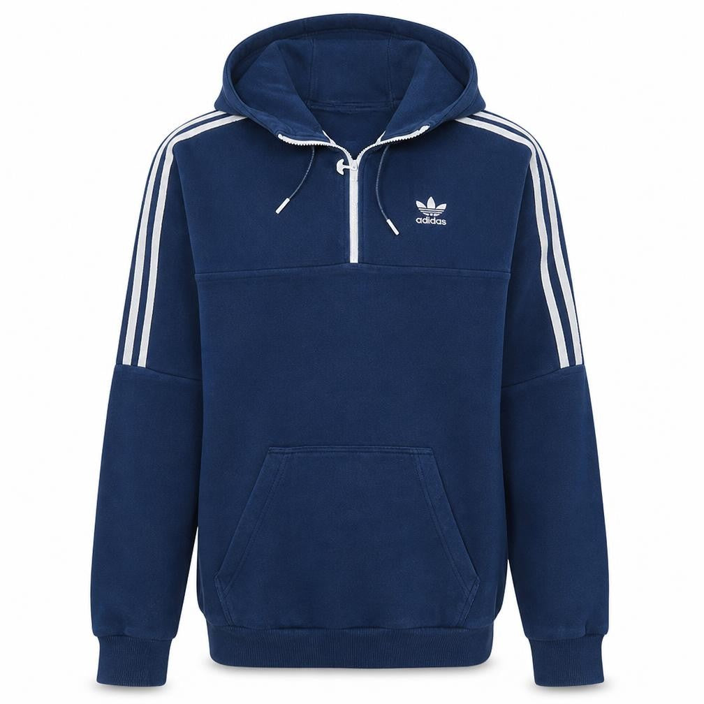 Front view of Adidas men’s navy blue 1/2 zip pullover hoodie, size S, classic logo