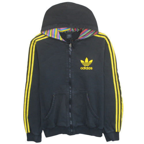 Adidas Men's Black Full Zip Hoodie L Yellow Stripes Retro Logo