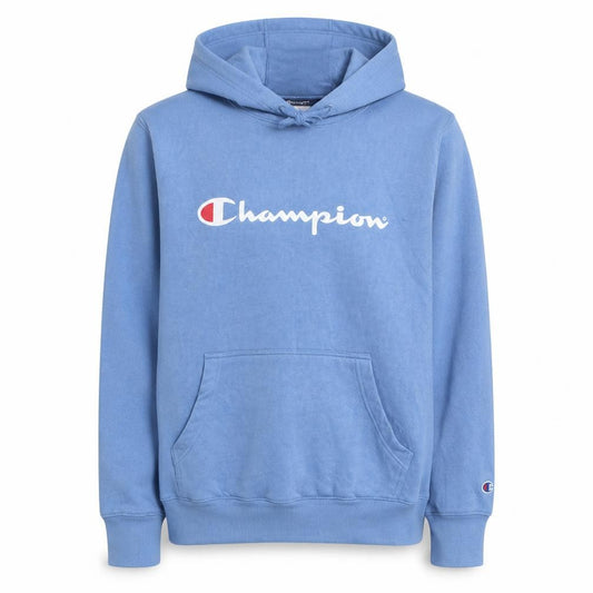 Front view of Champion Men's Blue Pullover Hoodie, size S, Logo Fleece Sportswear