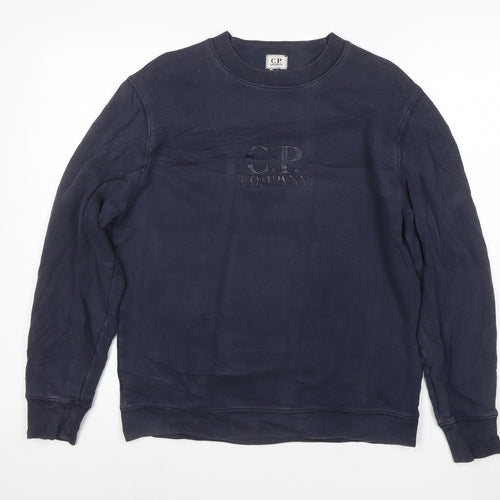 C.P. Company Men's Blue Cotton Crew Neck Logo Sweatshirt M