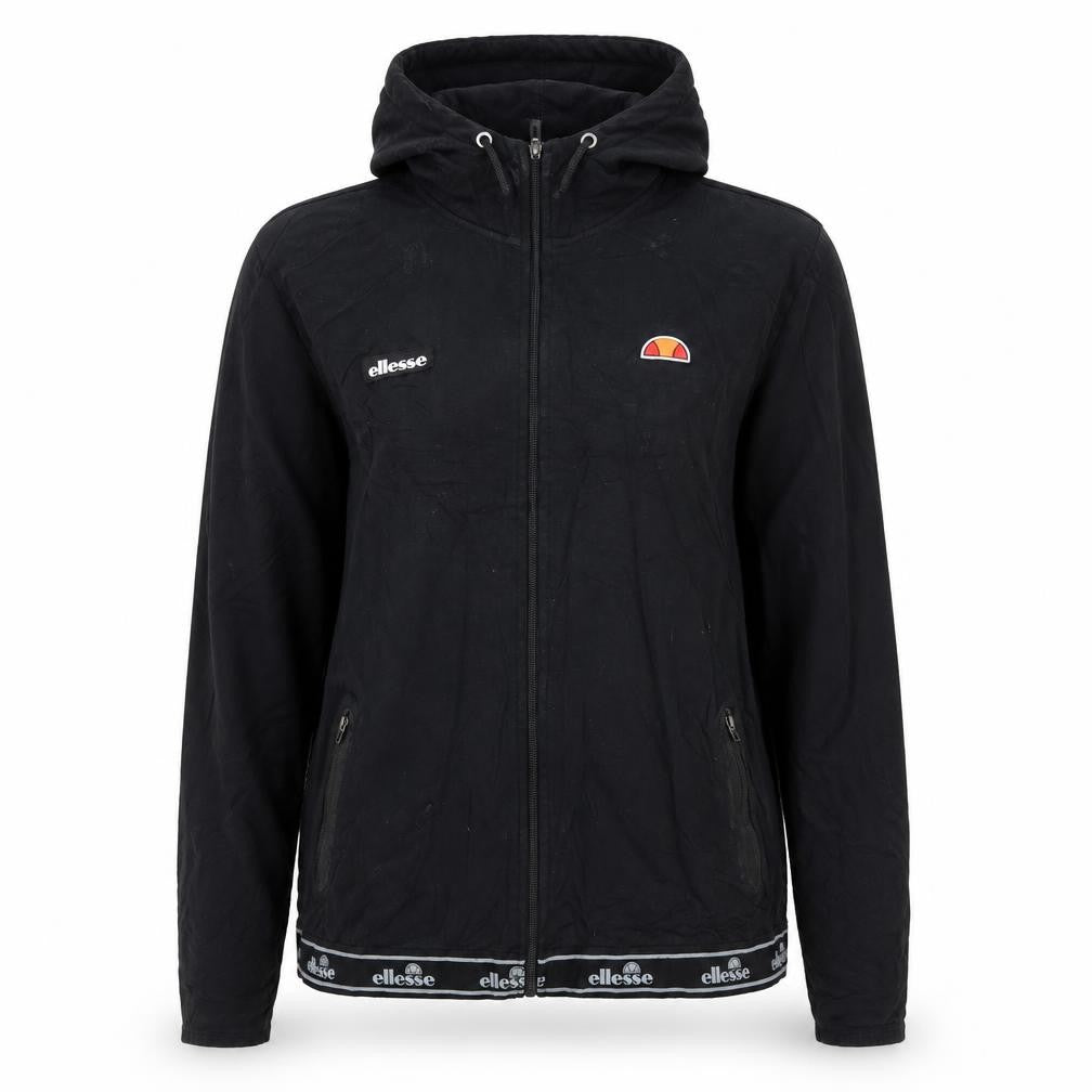 Front view of Ellesse women’s black full zip hoodie jacket, size L, polyester cotton