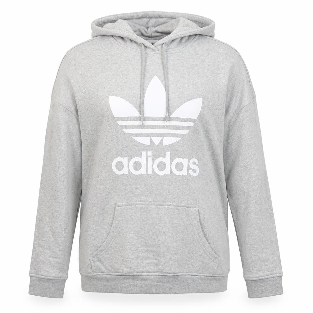 Front view of Adidas women’s grey, size UK 12, pullover hoodie with logo print