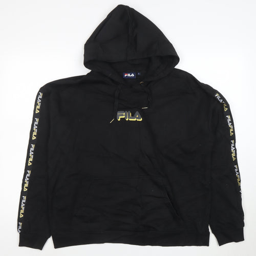FILA Mens Black Pullover Hoodie L Logo Sports Fleece Sweatshirt
