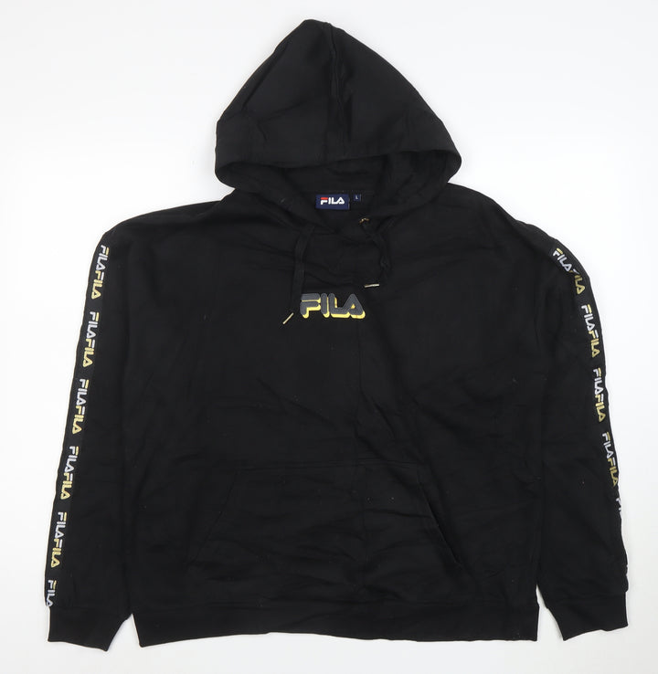 FILA Mens Black Pullover Hoodie L Logo Sports Fleece Sweatshirt