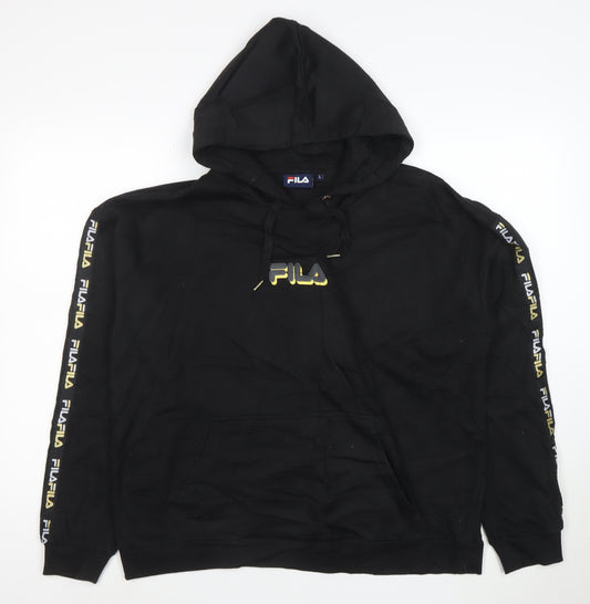 FILA Mens Black Pullover Hoodie L Logo Sports Fleece Sweatshirt
