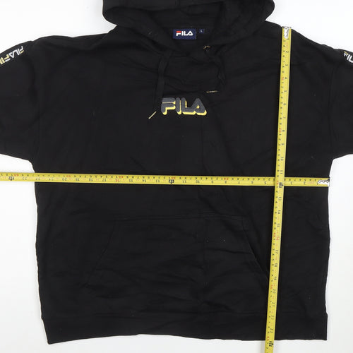 FILA Mens Black Pullover Hoodie L Logo Sports Fleece Sweatshirt