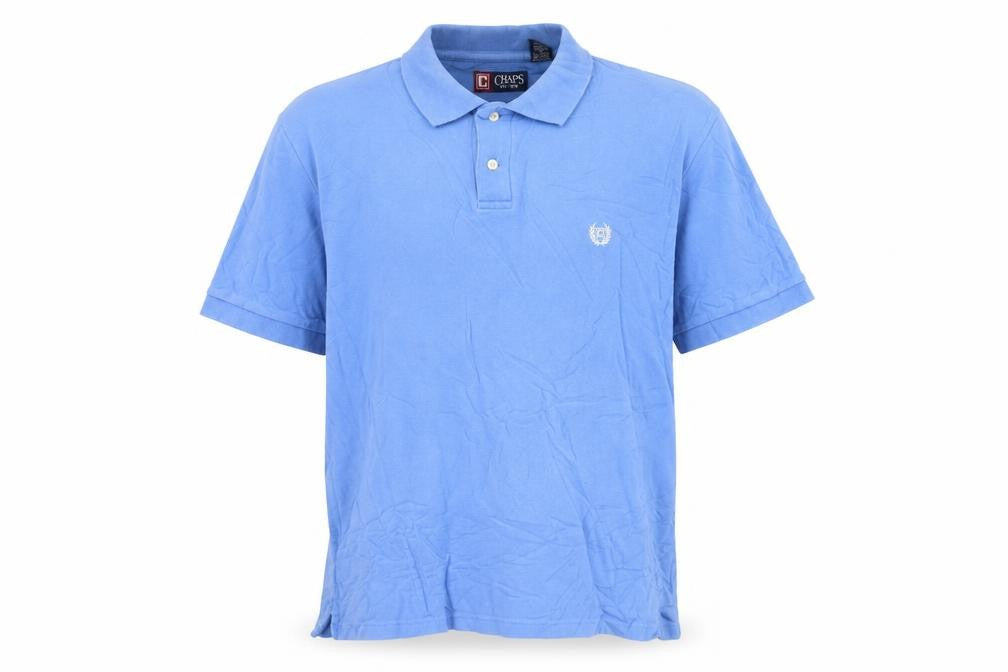 Front view of Chaps Men's Blue Cotton Short Sleeve Polo Shirt, size L