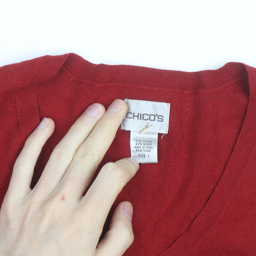 Chico's Women's Red V-Neck Knit Pullover Jumper Size M