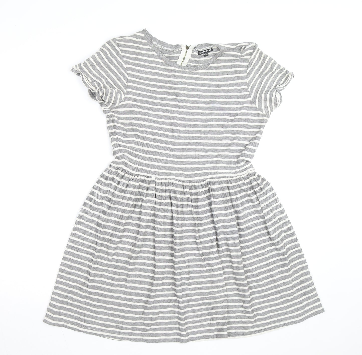 Warehouse Women’s Grey Striped Skater Dress Size 14 Short Sleeve