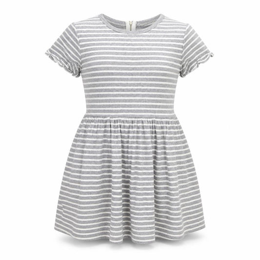 Front view of Warehouse Women’s Grey Striped Skater Dress, size UK 14, Short Sleeve