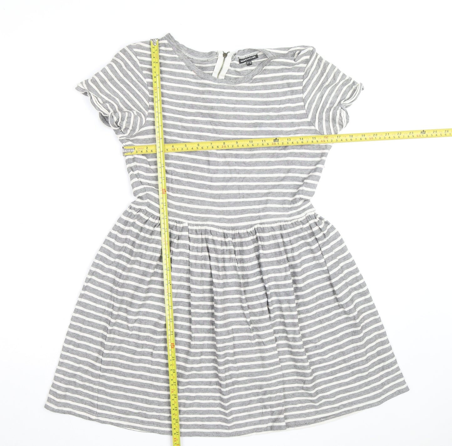 Warehouse Women’s Grey Striped Skater Dress Size 14 Short Sleeve