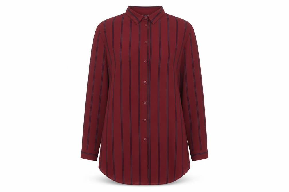 Front view of H&M Divided Women's Red Striped Long Sleeve Button-Up Shirt, size 12