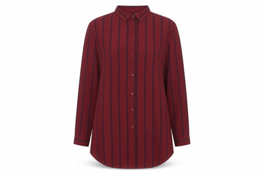 Front view of H&M Divided Women's Red Striped Long Sleeve Button-Up Shirt, size 12
