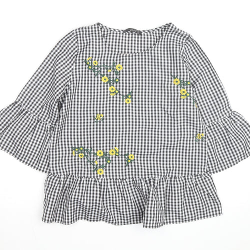 Quiz Womens Black Check Embroidered Ruffle Sleeve Tunic Blouse Size 8