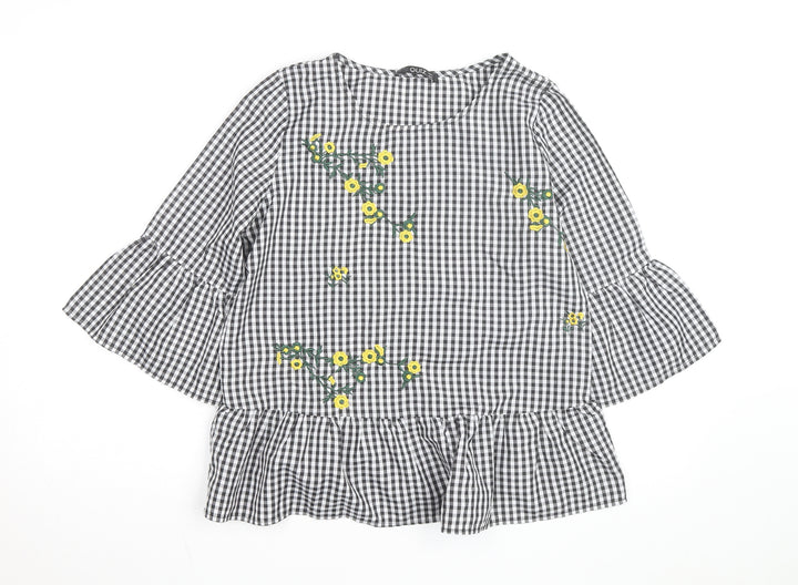 Quiz Womens Black Check Embroidered Ruffle Sleeve Tunic Blouse Size 8