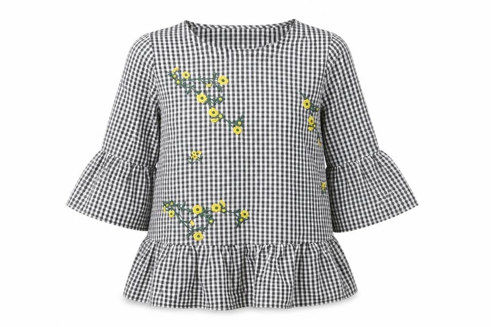 Front view of Quiz women’s black check embroidered ruffle sleeve tunic blouse, size UK 8
