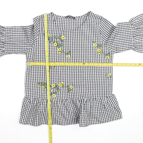 Quiz Womens Black Check Embroidered Ruffle Sleeve Tunic Blouse Size 8