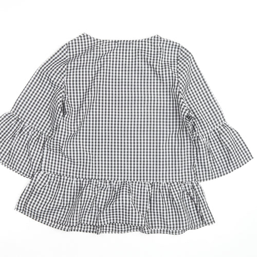 Quiz Womens Black Check Embroidered Ruffle Sleeve Tunic Blouse Size 8