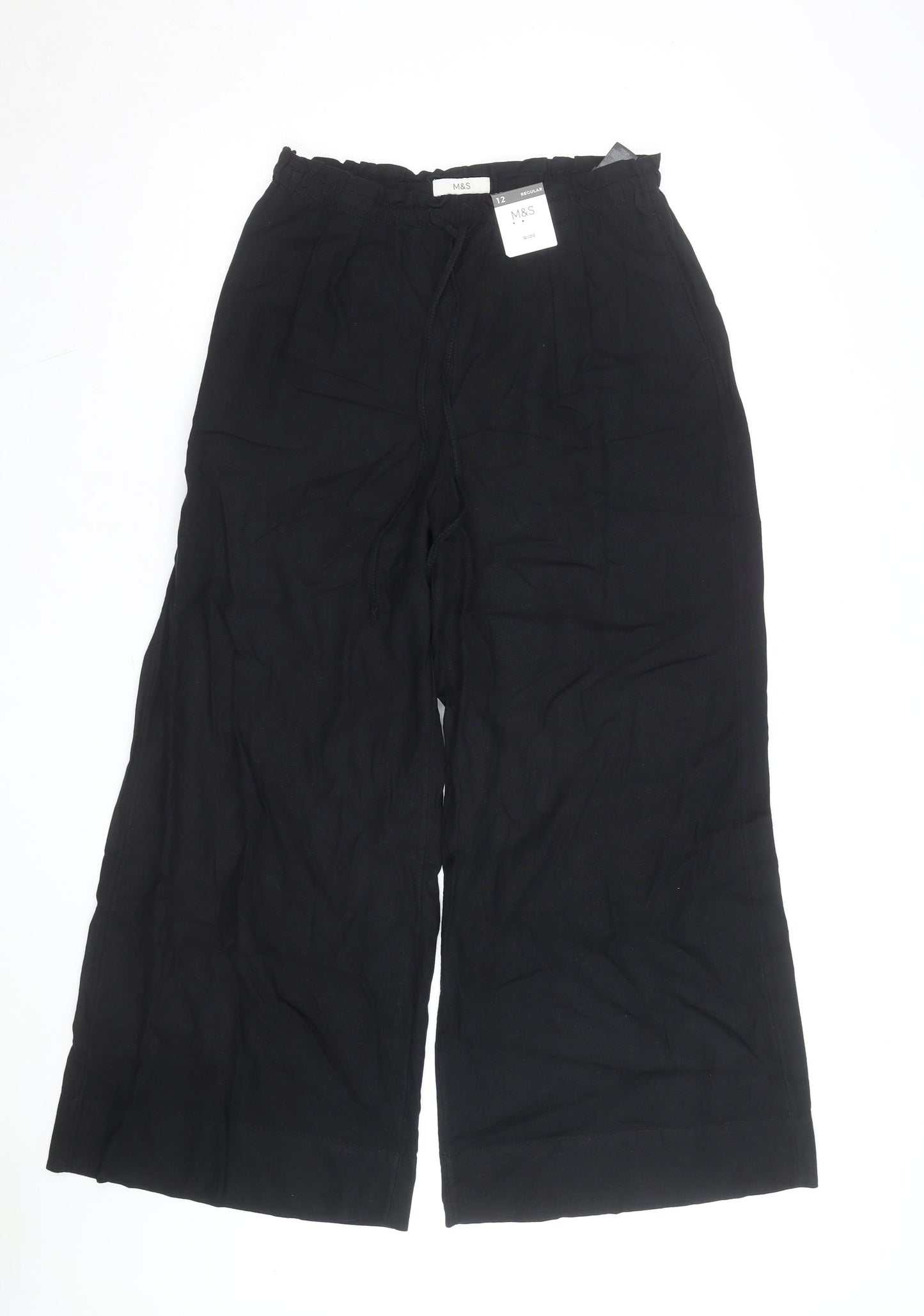 Marks and Spencer Womens Black Size 12 Regular Linen Wide-Leg Trousers
