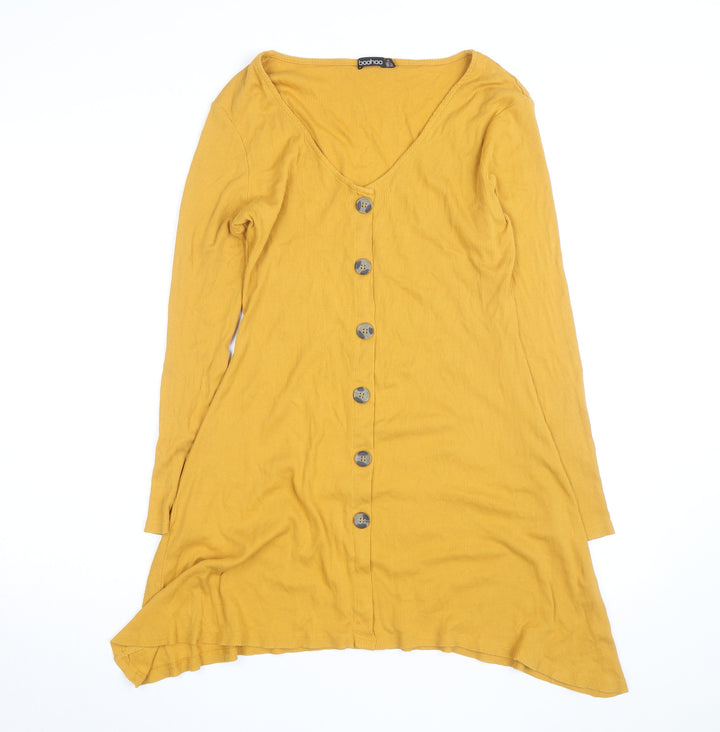 Boohoo Womens Yellow Long Sleeve A-Line Button Jersey Dress Size 12