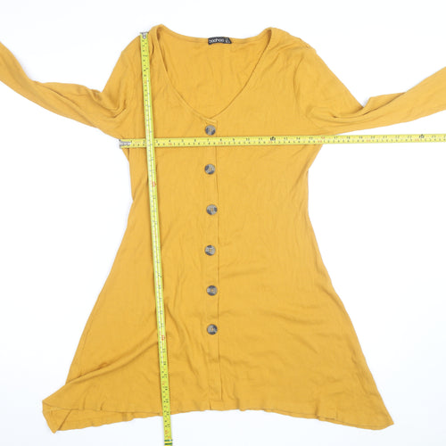 Boohoo Womens Yellow Long Sleeve A-Line Button Jersey Dress Size 12
