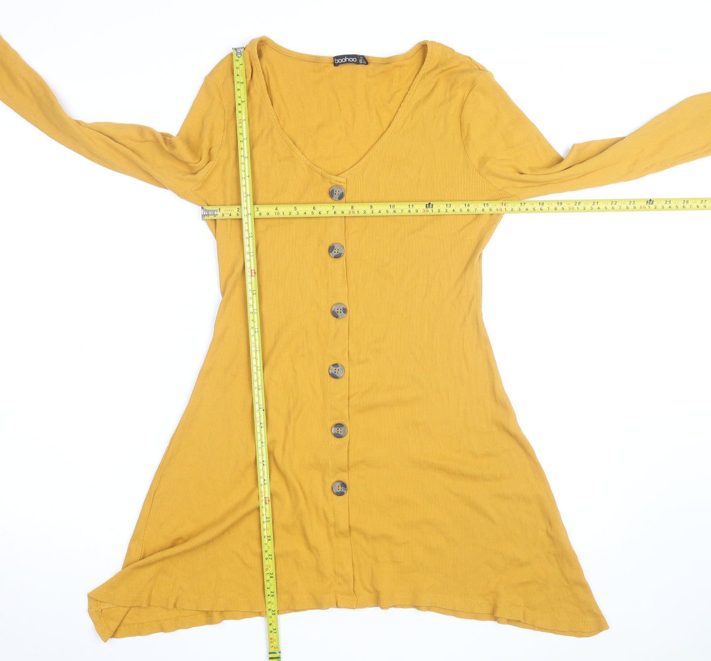 Boohoo Womens Yellow Long Sleeve A-Line Button Jersey Dress Size 12