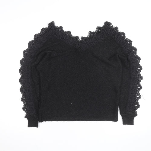 Wild Flower Women's Black V-Neck Lace Trim Knit Jumper Size M