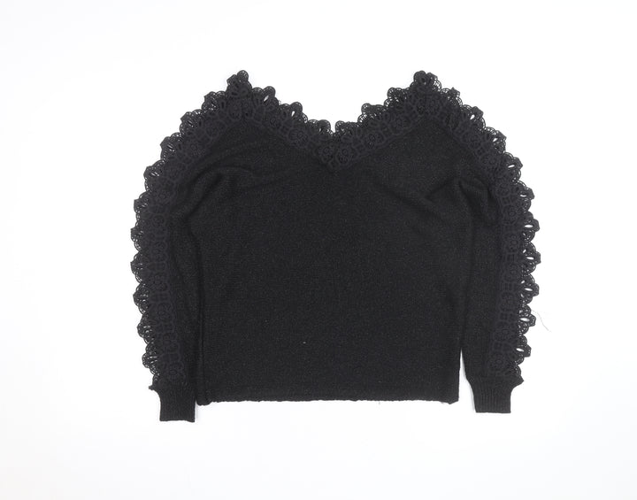 Wild Flower Women's Black V-Neck Lace Trim Knit Jumper Size M