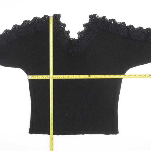 Wild Flower Women's Black V-Neck Lace Trim Knit Jumper Size M