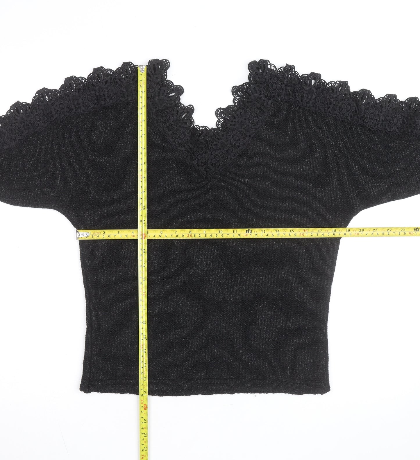 Wild Flower Women's Black V-Neck Lace Trim Knit Jumper Size M