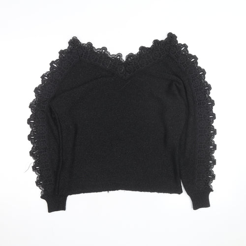 Wild Flower Women's Black V-Neck Lace Trim Knit Jumper Size M