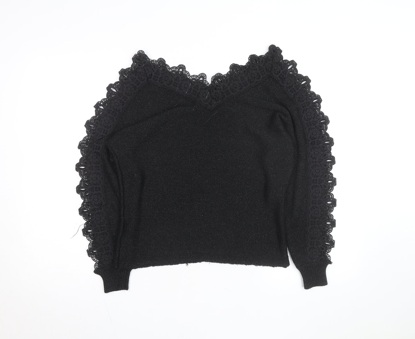 Wild Flower Women's Black V-Neck Lace Trim Knit Jumper Size M