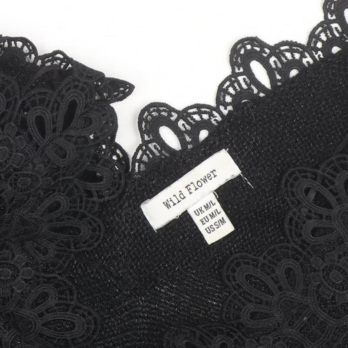 Wild Flower Women's Black V-Neck Lace Trim Knit Jumper Size M