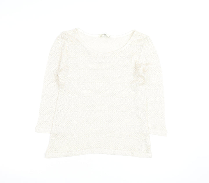 Oasis Women Ivory Open-Knit Scoop Neck 3/4 Sleeve Jumper Size M
