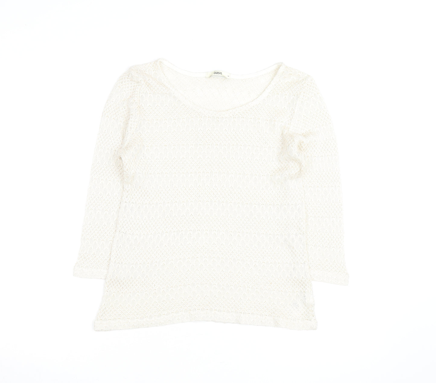 Oasis Women Ivory Open-Knit Scoop Neck 3/4 Sleeve Jumper Size M