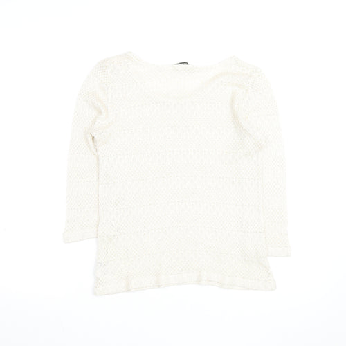 Oasis Women Ivory Open-Knit Scoop Neck 3/4 Sleeve Jumper Size M