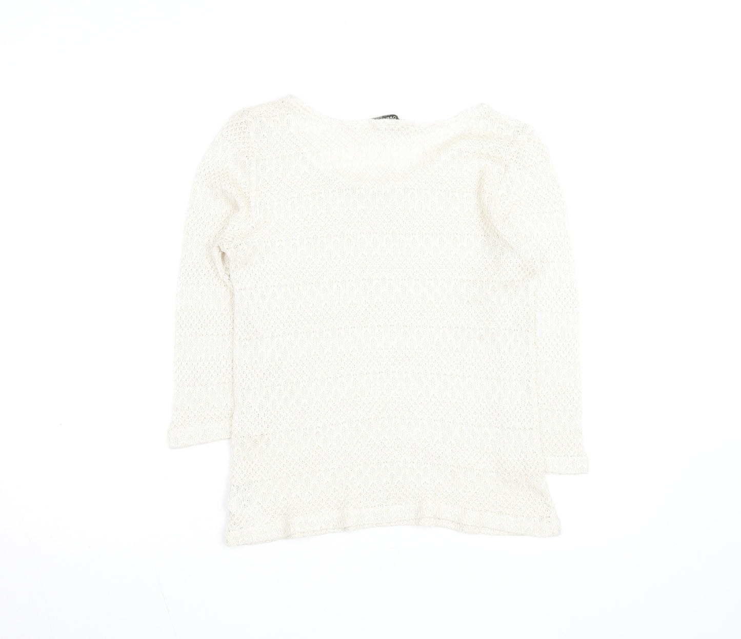 Oasis Women Ivory Open-Knit Scoop Neck 3/4 Sleeve Jumper Size M
