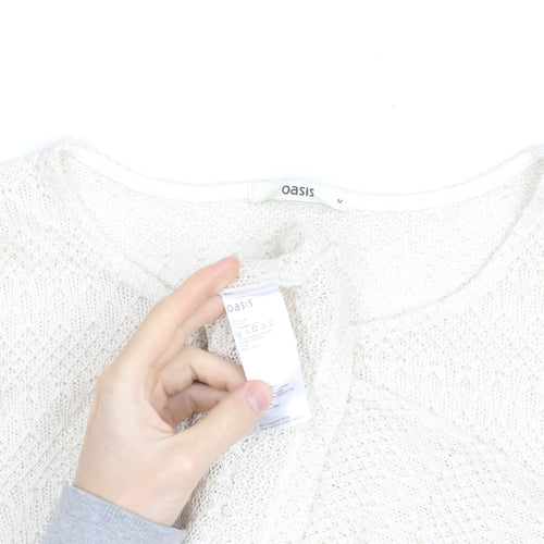 Oasis Women Ivory Open-Knit Scoop Neck 3/4 Sleeve Jumper Size M
