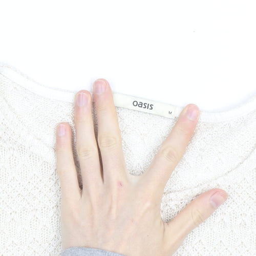 Oasis Women Ivory Open-Knit Scoop Neck 3/4 Sleeve Jumper Size M