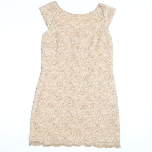Oasis Women's Beige Lace Sheath Dress Size 10 Sleeveless Knee Length
