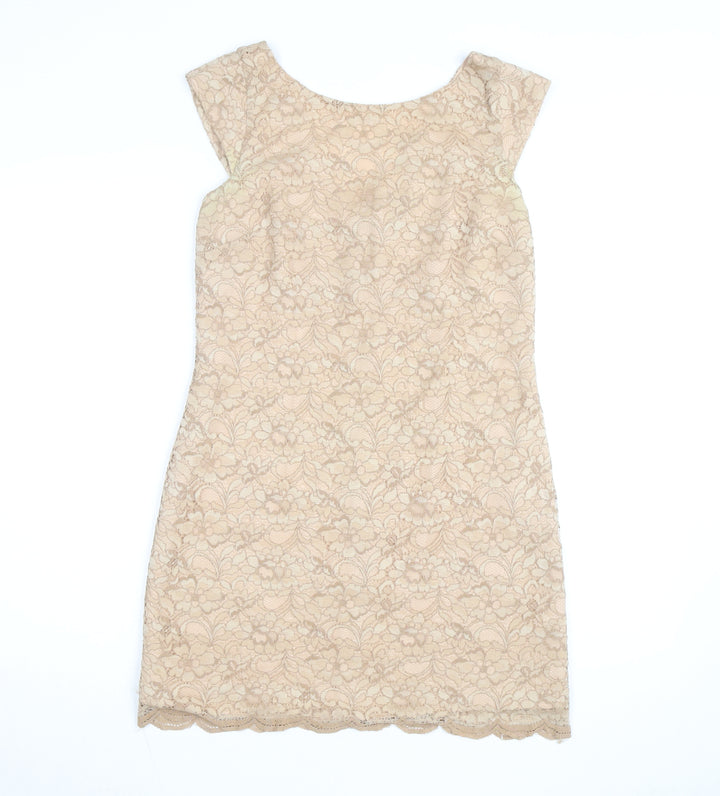 Oasis Women's Beige Lace Sheath Dress Size 10 Sleeveless Knee Length