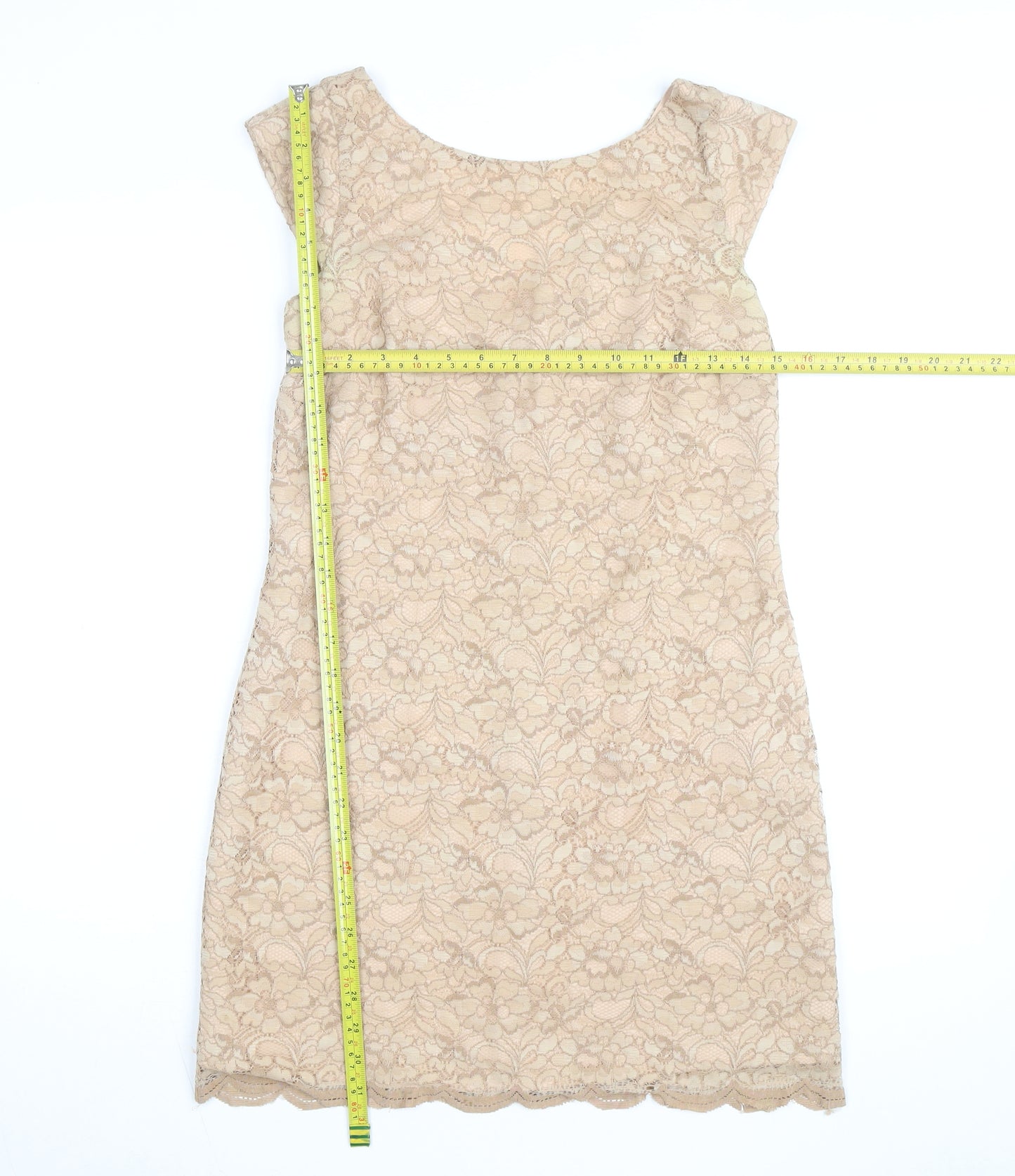 Oasis Women's Beige Lace Sheath Dress Size 10 Sleeveless Knee Length