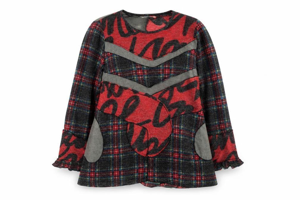 Front view of Gerard women’s red checked patchwork tunic top, size UK 16, wool blend long sleeve