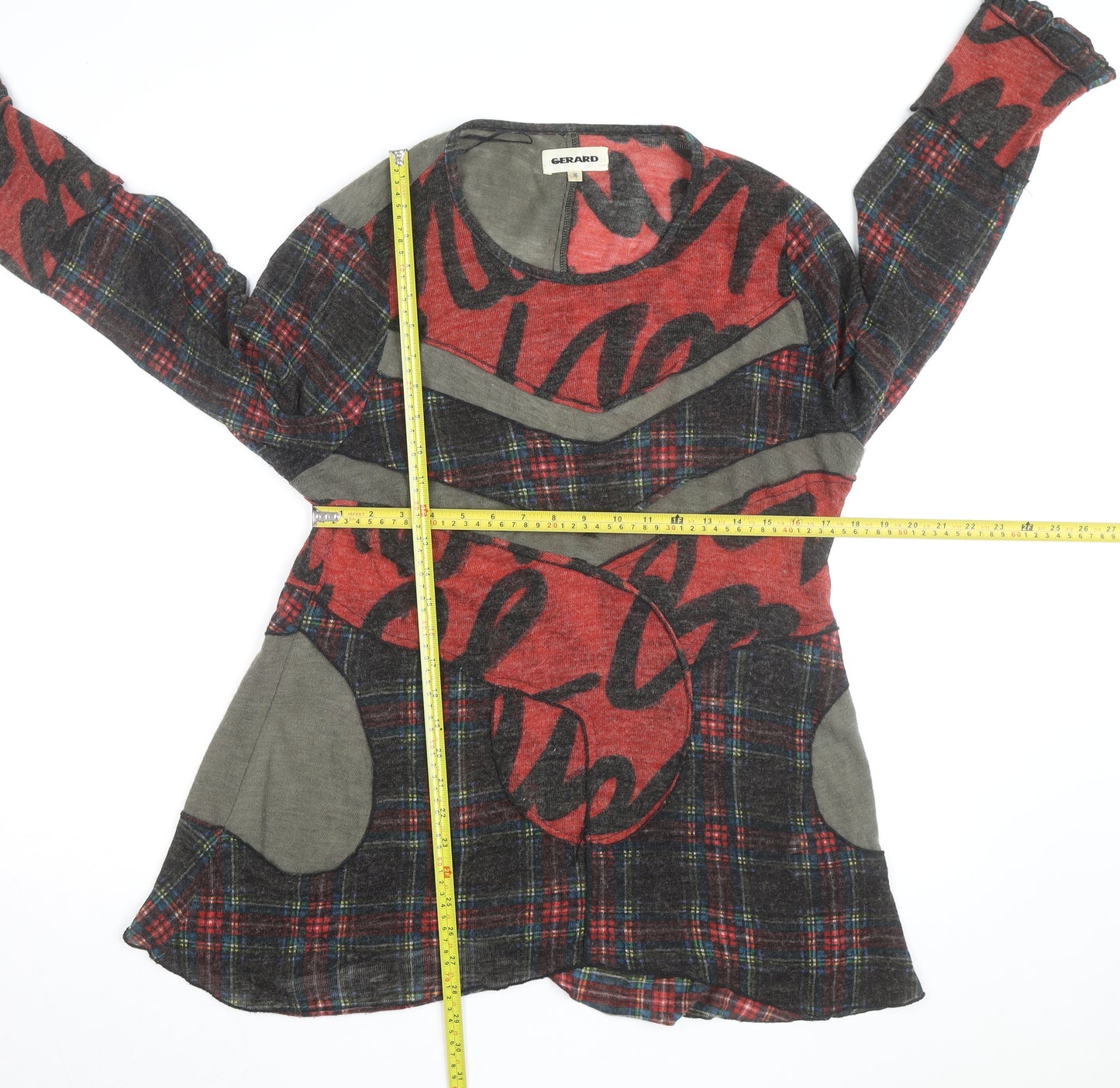Gerard Womens Red Checked Patchwork Tunic Top Size 16 Wool Blend Long Sleeve