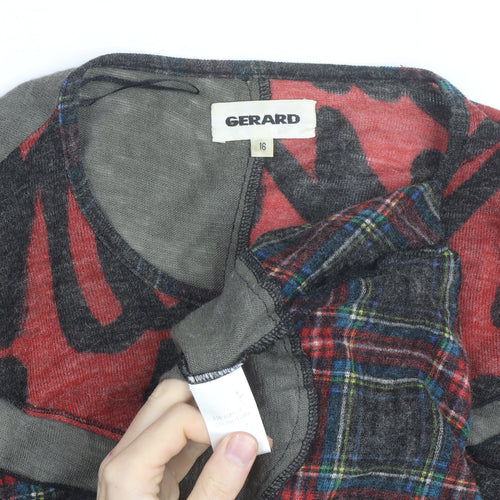 Gerard Womens Red Checked Patchwork Tunic Top Size 16 Wool Blend Long Sleeve