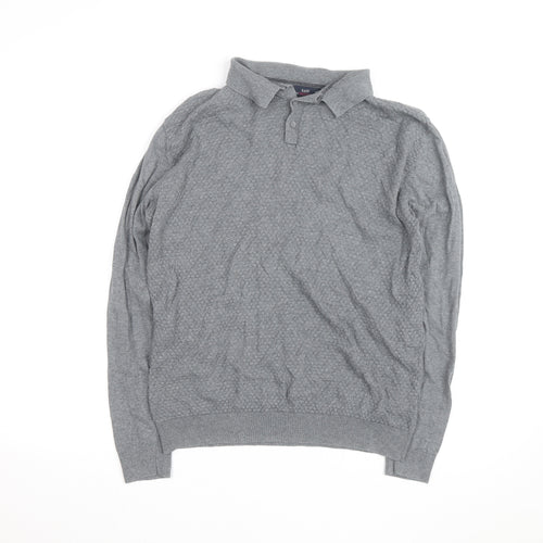 EASY Men's Grey Collared Cotton Henley Jumper Size M