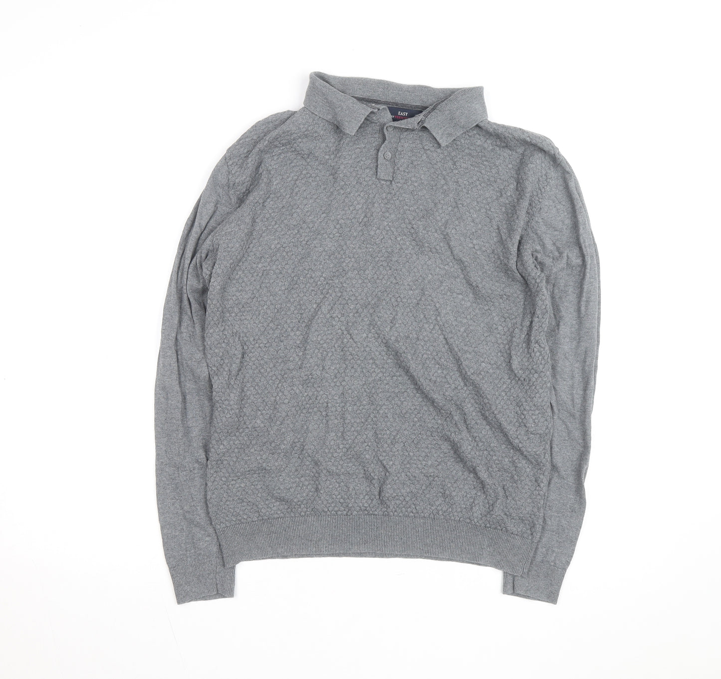 EASY Men's Grey Collared Cotton Henley Jumper Size M